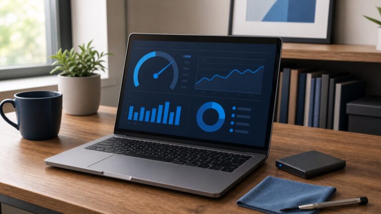Older laptop beside an external SSD on a home-office desk